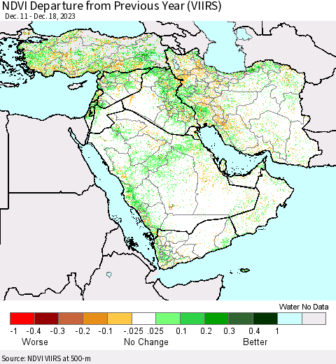 Middle East and Turkey NDVI Departure from Previous Year (VIIRS) Thematic Map For 12/11/2023 - 12/18/2023