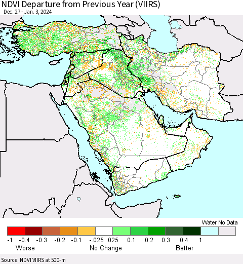 Middle East and Turkey NDVI Departure from Previous Year (VIIRS) Thematic Map For 12/27/2023 - 1/3/2024