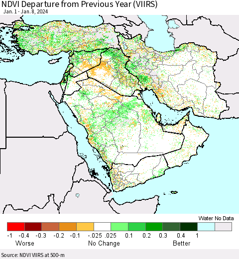 Middle East and Turkey NDVI Departure from Previous Year (VIIRS) Thematic Map For 1/1/2024 - 1/8/2024