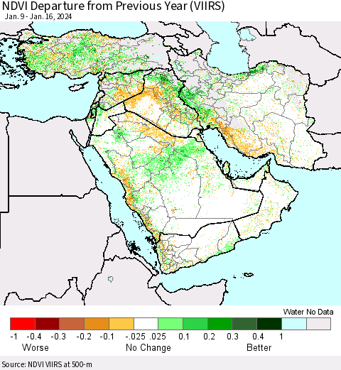 Middle East and Turkey NDVI Departure from Previous Year (VIIRS) Thematic Map For 1/9/2024 - 1/16/2024