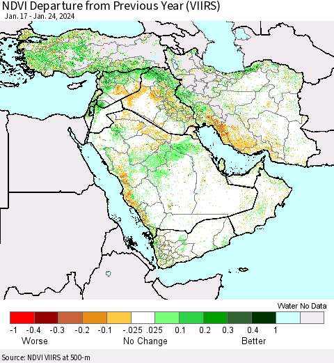 Middle East and Turkey NDVI Departure from Previous Year (VIIRS) Thematic Map For 1/17/2024 - 1/24/2024