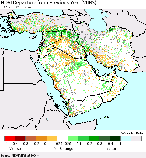 Middle East and Turkey NDVI Departure from Previous Year (VIIRS) Thematic Map For 1/25/2024 - 2/1/2024