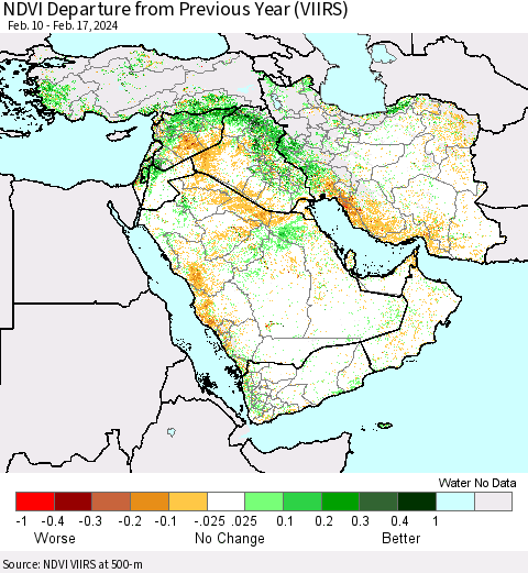 Middle East and Turkey NDVI Departure from Previous Year (VIIRS) Thematic Map For 2/10/2024 - 2/17/2024
