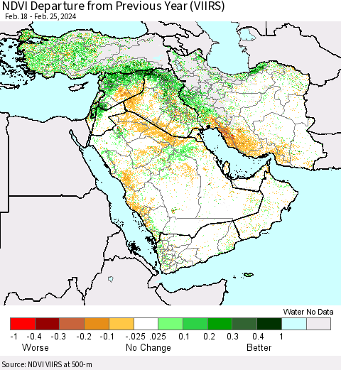 Middle East and Turkey NDVI Departure from Previous Year (VIIRS) Thematic Map For 2/18/2024 - 2/25/2024