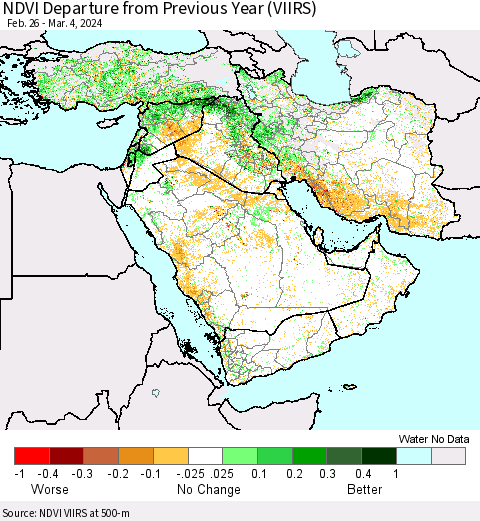 Middle East and Turkey NDVI Departure from Previous Year (VIIRS) Thematic Map For 2/26/2024 - 3/4/2024