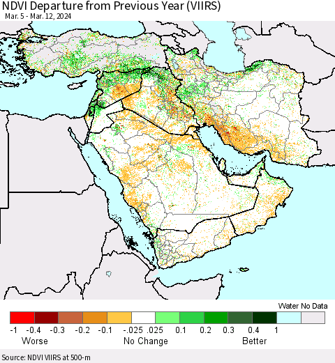 Middle East and Turkey NDVI Departure from Previous Year (VIIRS) Thematic Map For 3/5/2024 - 3/12/2024