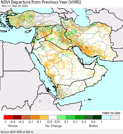 Middle East and Turkey NDVI Departure from Previous Year (VIIRS) Thematic Map For 3/13/2024 - 3/20/2024