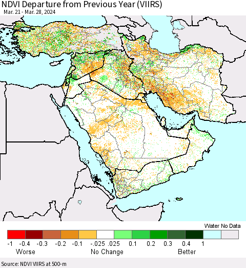 Middle East and Turkey NDVI Departure from Previous Year (VIIRS) Thematic Map For 3/21/2024 - 3/28/2024