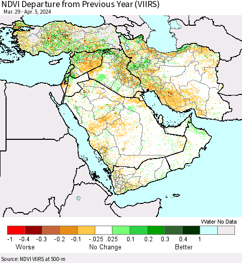 Middle East and Turkey NDVI Departure from Previous Year (VIIRS) Thematic Map For 3/29/2024 - 4/5/2024