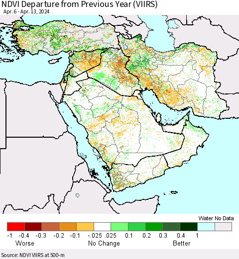 Middle East and Turkey NDVI Departure from Previous Year (VIIRS) Thematic Map For 4/6/2024 - 4/13/2024