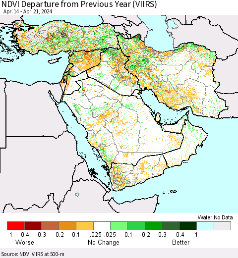 Middle East and Turkey NDVI Departure from Previous Year (VIIRS) Thematic Map For 4/14/2024 - 4/21/2024