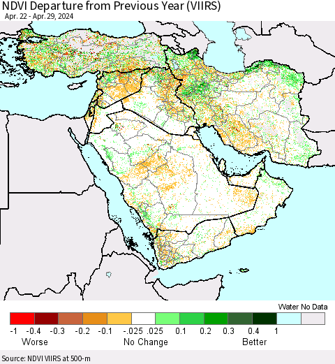 Middle East and Turkey NDVI Departure from Previous Year (VIIRS) Thematic Map For 4/22/2024 - 4/29/2024