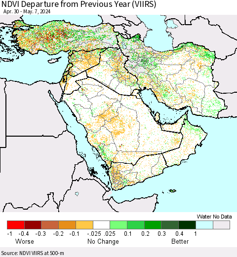 Middle East and Turkey NDVI Departure from Previous Year (VIIRS) Thematic Map For 4/30/2024 - 5/7/2024