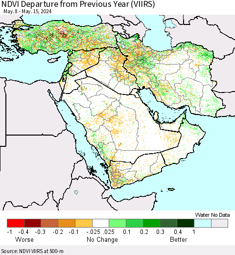 Middle East and Turkey NDVI Departure from Previous Year (VIIRS) Thematic Map For 5/8/2024 - 5/15/2024