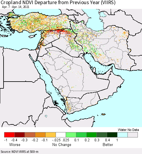 Middle East and Turkey Cropland NDVI Departure from Previous Year (VIIRS) Thematic Map For 4/7/2021 - 4/14/2021