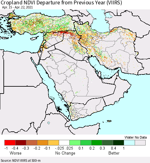 Middle East and Turkey Cropland NDVI Departure from Previous Year (VIIRS) Thematic Map For 4/15/2021 - 4/22/2021