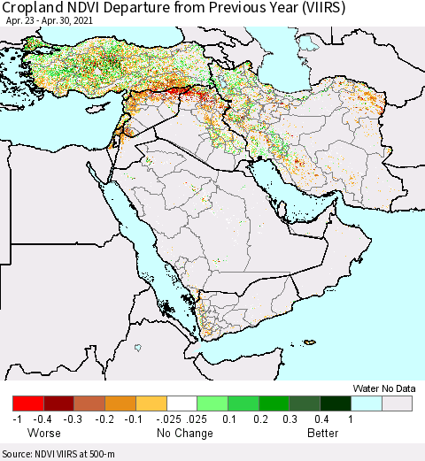 Middle East and Turkey Cropland NDVI Departure from Previous Year (VIIRS) Thematic Map For 4/23/2021 - 4/30/2021