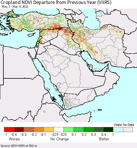 Middle East and Turkey Cropland NDVI Departure from Previous Year (VIIRS) Thematic Map For 5/1/2021 - 5/8/2021
