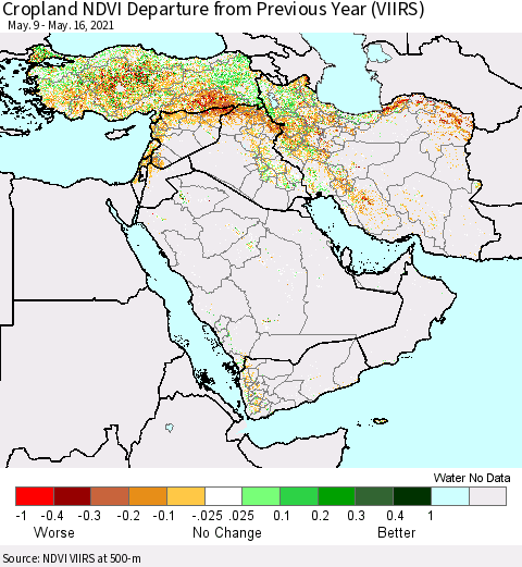 Middle East and Turkey Cropland NDVI Departure from Previous Year (VIIRS) Thematic Map For 5/9/2021 - 5/16/2021