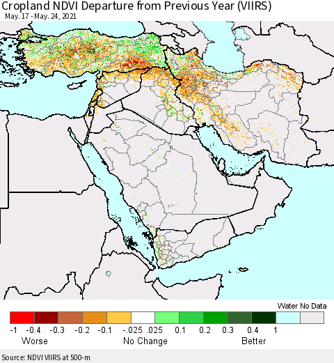 Middle East and Turkey Cropland NDVI Departure from Previous Year (VIIRS) Thematic Map For 5/17/2021 - 5/24/2021