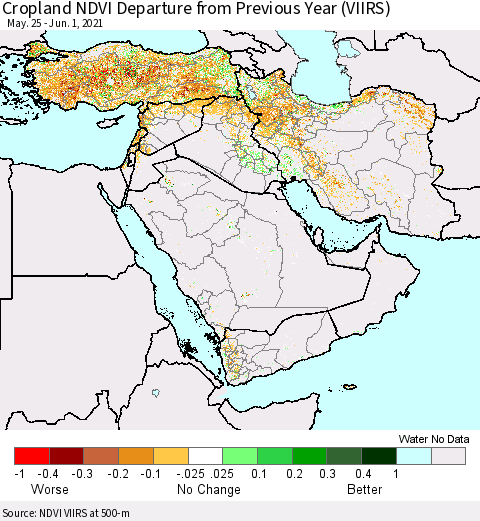 Middle East and Turkey Cropland NDVI Departure from Previous Year (VIIRS) Thematic Map For 5/25/2021 - 6/1/2021