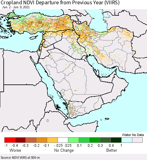 Middle East and Turkey Cropland NDVI Departure from Previous Year (VIIRS) Thematic Map For 6/2/2021 - 6/9/2021
