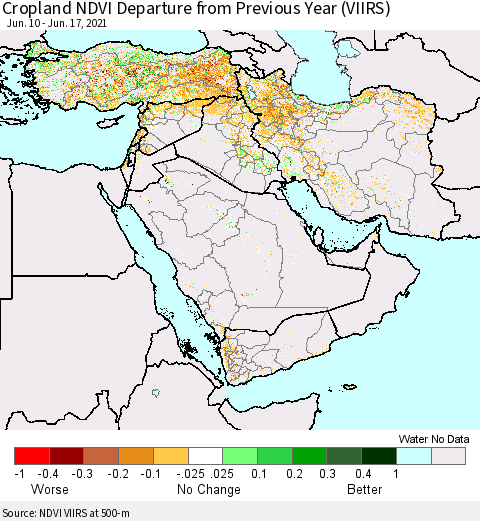 Middle East and Turkey Cropland NDVI Departure from Previous Year (VIIRS) Thematic Map For 6/10/2021 - 6/17/2021