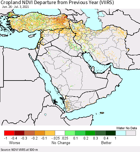 Middle East and Turkey Cropland NDVI Departure from Previous Year (VIIRS) Thematic Map For 6/26/2021 - 7/3/2021