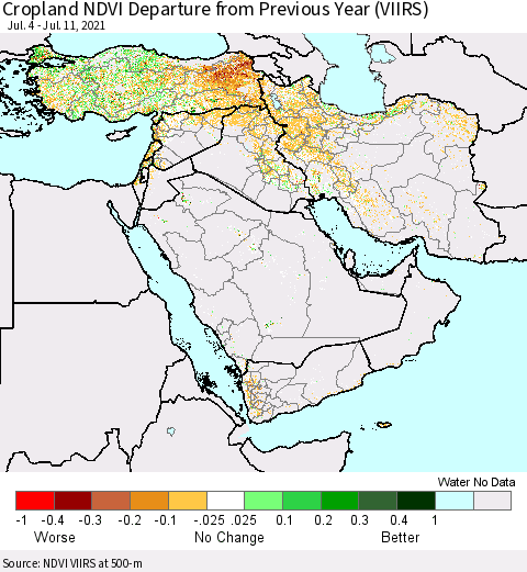 Middle East and Turkey Cropland NDVI Departure from Previous Year (VIIRS) Thematic Map For 7/4/2021 - 7/11/2021