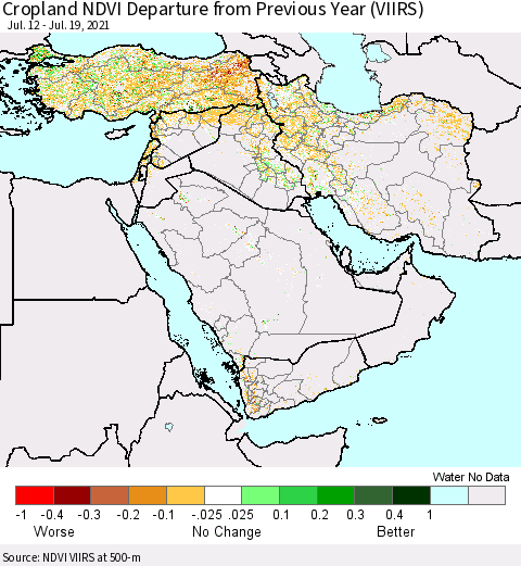 Middle East and Turkey Cropland NDVI Departure from Previous Year (VIIRS) Thematic Map For 7/12/2021 - 7/19/2021