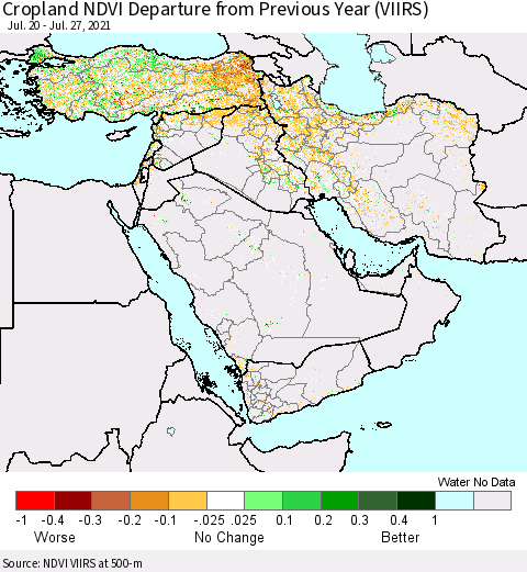 Middle East and Turkey Cropland NDVI Departure from Previous Year (VIIRS) Thematic Map For 7/20/2021 - 7/27/2021