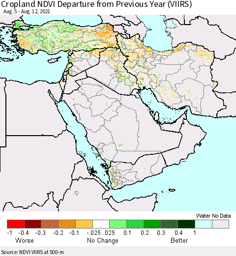 Middle East and Turkey Cropland NDVI Departure from Previous Year (VIIRS) Thematic Map For 8/5/2021 - 8/12/2021