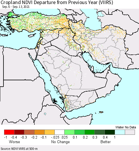 Middle East and Turkey Cropland NDVI Departure from Previous Year (VIIRS) Thematic Map For 9/6/2021 - 9/13/2021