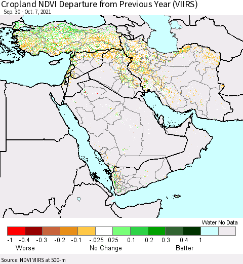 Middle East and Turkey Cropland NDVI Departure from Previous Year (VIIRS) Thematic Map For 9/30/2021 - 10/7/2021