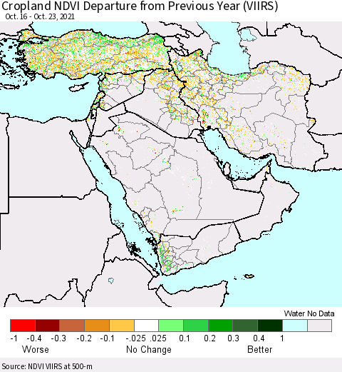 Middle East and Turkey Cropland NDVI Departure from Previous Year (VIIRS) Thematic Map For 10/16/2021 - 10/23/2021