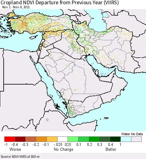 Middle East and Turkey Cropland NDVI Departure from Previous Year (VIIRS) Thematic Map For 11/1/2021 - 11/8/2021