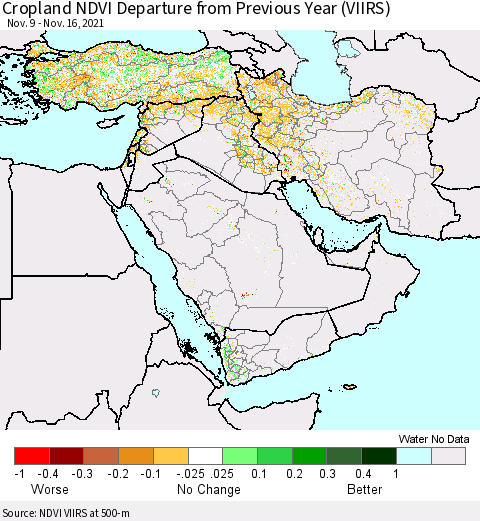 Middle East and Turkey Cropland NDVI Departure from Previous Year (VIIRS) Thematic Map For 11/9/2021 - 11/16/2021