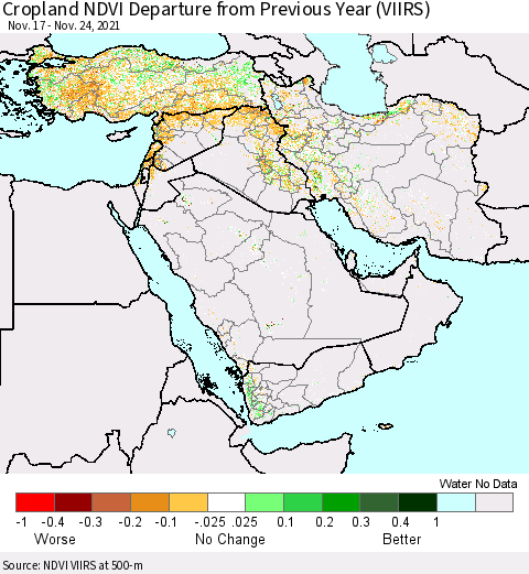 Middle East and Turkey Cropland NDVI Departure from Previous Year (VIIRS) Thematic Map For 11/17/2021 - 11/24/2021