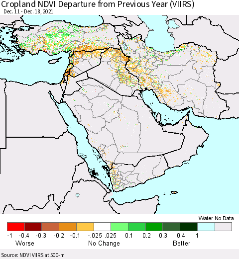 Middle East and Turkey Cropland NDVI Departure from Previous Year (VIIRS) Thematic Map For 12/11/2021 - 12/18/2021