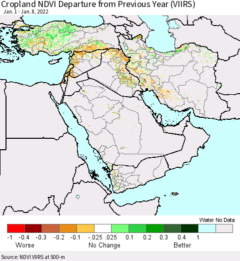 Middle East and Turkey Cropland NDVI Departure from Previous Year (VIIRS) Thematic Map For 1/1/2022 - 1/8/2022