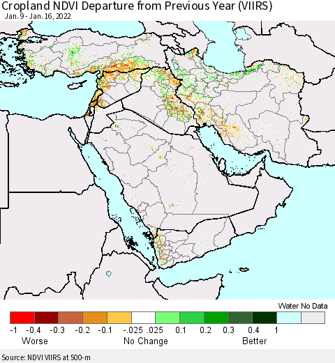 Middle East and Turkey Cropland NDVI Departure from Previous Year (VIIRS) Thematic Map For 1/9/2022 - 1/16/2022