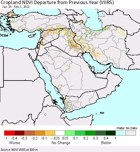 Middle East and Turkey Cropland NDVI Departure from Previous Year (VIIRS) Thematic Map For 1/25/2022 - 2/1/2022