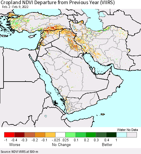 Middle East and Turkey Cropland NDVI Departure from Previous Year (VIIRS) Thematic Map For 2/2/2022 - 2/9/2022