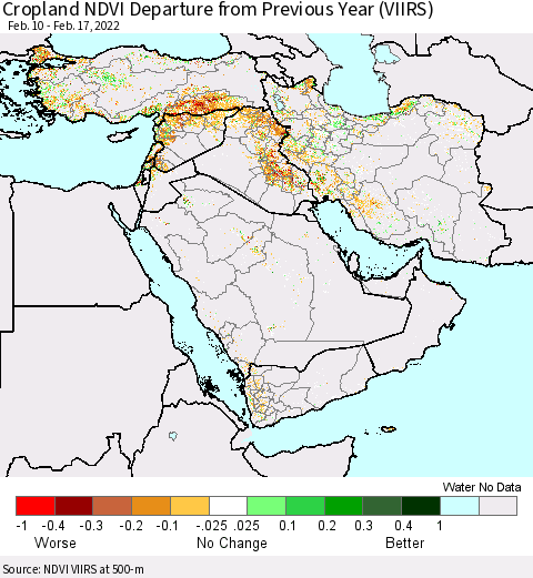 Middle East and Turkey Cropland NDVI Departure from Previous Year (VIIRS) Thematic Map For 2/10/2022 - 2/17/2022
