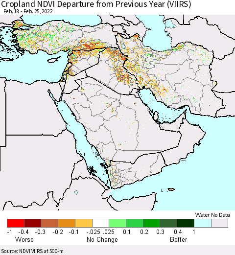 Middle East and Turkey Cropland NDVI Departure from Previous Year (VIIRS) Thematic Map For 2/18/2022 - 2/25/2022