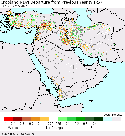 Middle East and Turkey Cropland NDVI Departure from Previous Year (VIIRS) Thematic Map For 2/26/2022 - 3/5/2022