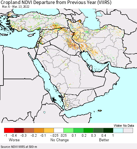 Middle East and Turkey Cropland NDVI Departure from Previous Year (VIIRS) Thematic Map For 3/6/2022 - 3/13/2022