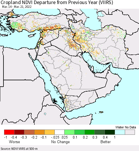 Middle East and Turkey Cropland NDVI Departure from Previous Year (VIIRS) Thematic Map For 3/14/2022 - 3/21/2022
