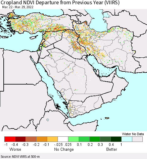 Middle East and Turkey Cropland NDVI Departure from Previous Year (VIIRS) Thematic Map For 3/22/2022 - 3/29/2022