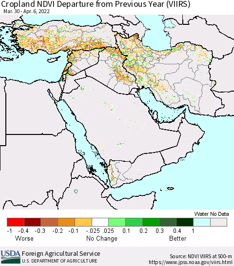 Middle East and Turkey Cropland NDVI Departure from Previous Year (VIIRS) Thematic Map For 4/1/2022 - 4/10/2022